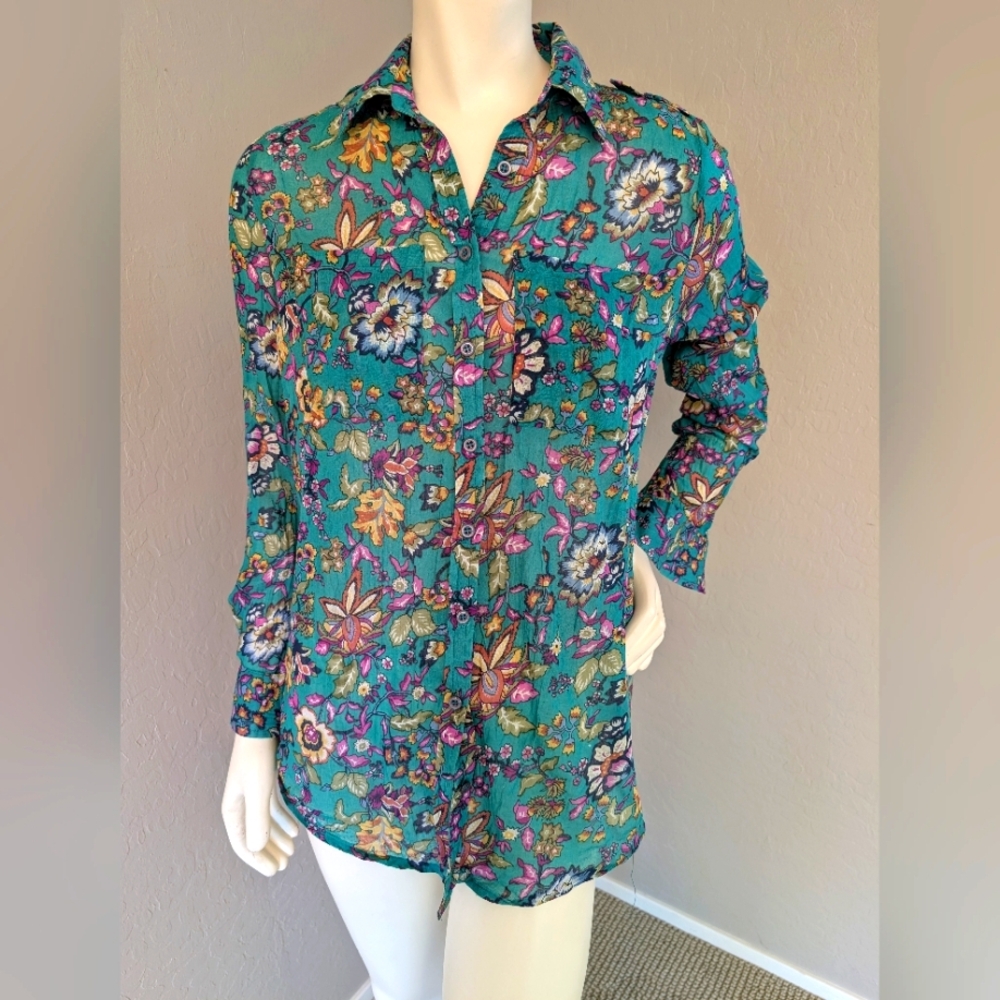 JAK by Anthropologie - 100% Cotton Flowy Floral Button-down - Turquoise-Green